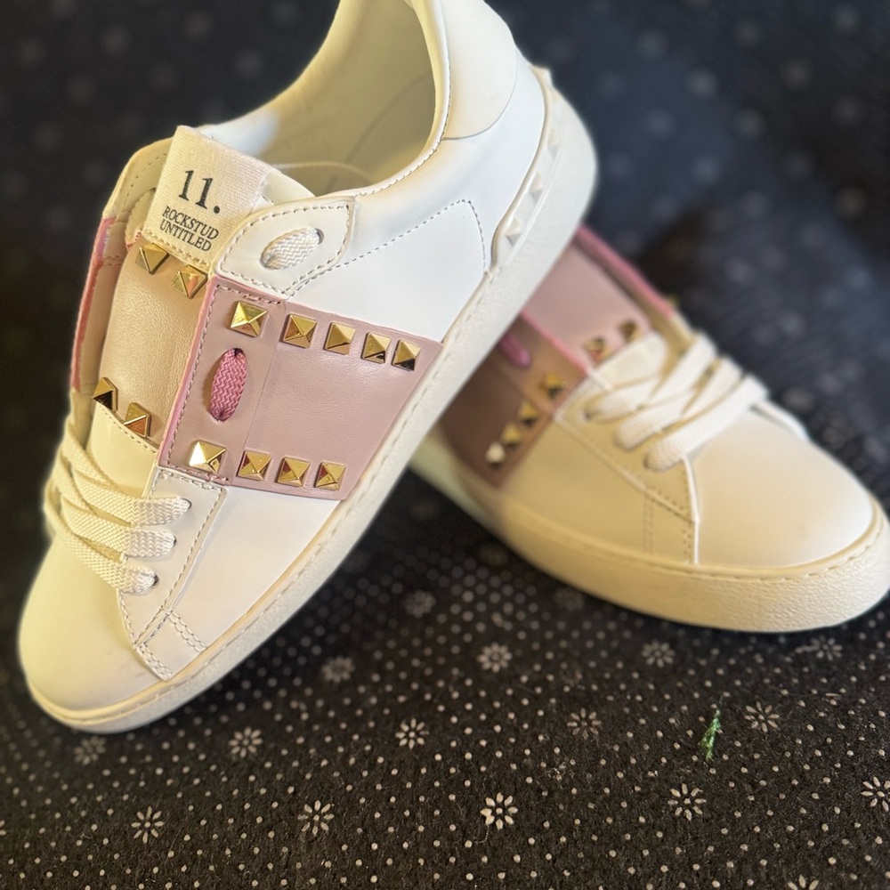 Valentino Women's Sneakers in White and Pink with Gold Accents - Picture 5 of 5